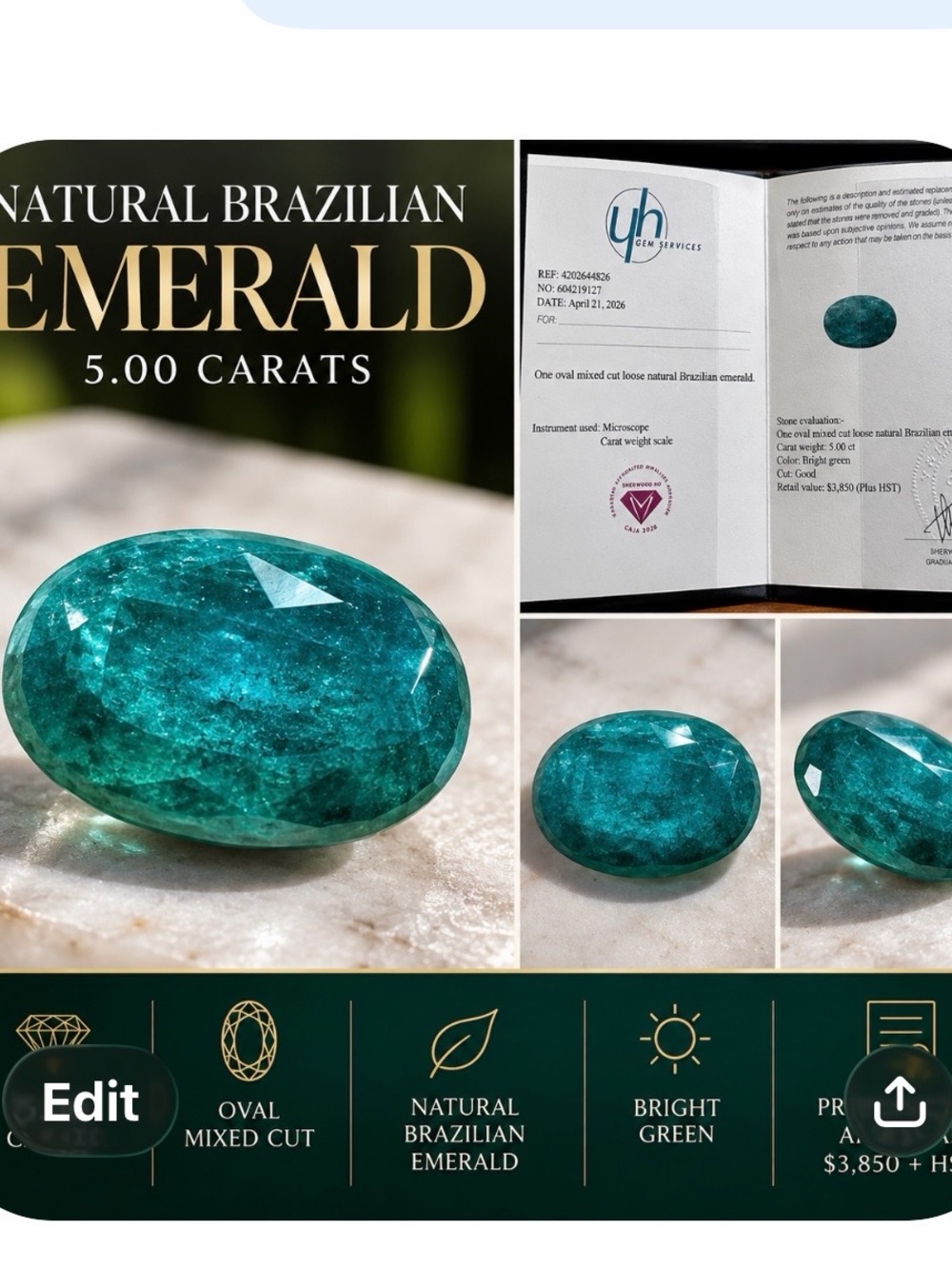 5.00 CT Natural Brazilian Emerald – Appraised at $3,850 – Certificate Included
